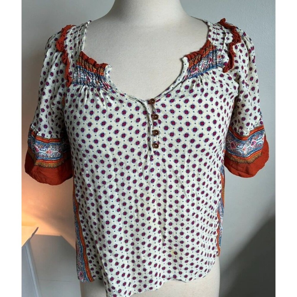 Anthropologie Maeve Boho Peasant Blouse XS Floral Print Puff Sleeve Cottagecore